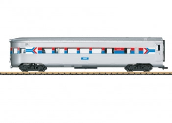 LGB 36605 G Scale Smooth-Side Boat-Tail Observation - Ready to Run -- Amtrak #3340 (Phase I; silver, red, blue, white; Arrow Logo)