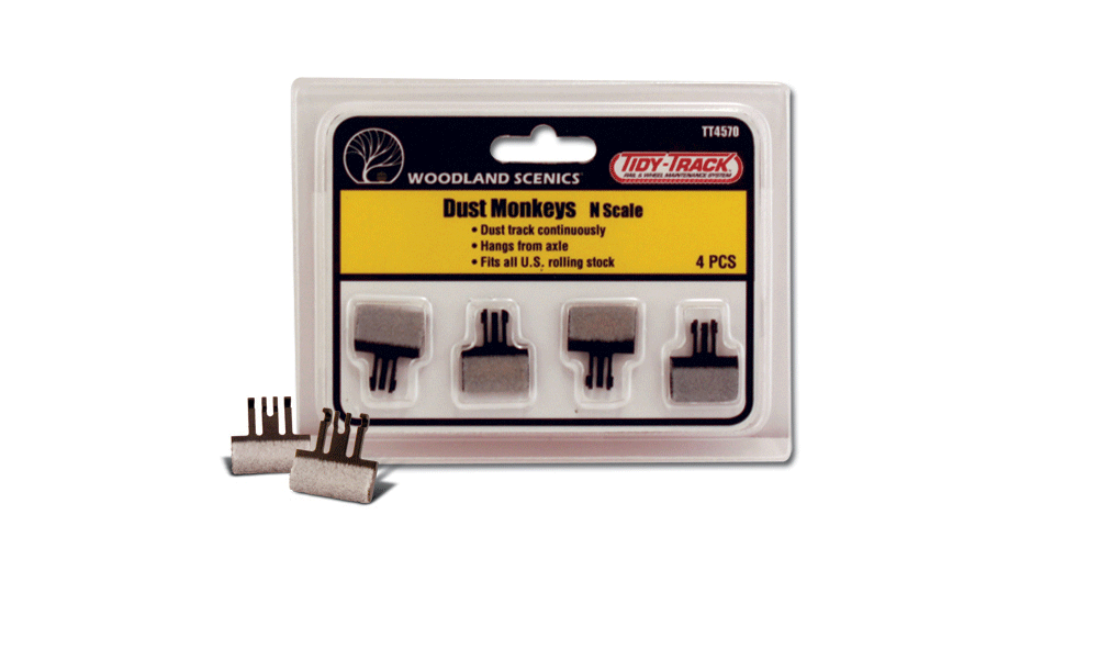 Woodland Scenics 4570 N Scale Tidy Track(TM) Maintenance Product -- Dust Monkeys(TM) Axle-Mounted Track Cleaner Pads pkg(4)