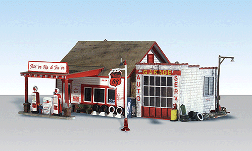 Woodland Scenics 5025 HO Scale Fill'er Up & Fix'er Up - Built-&-Ready Landmark Structures(R) -- Assembled - 6-5/32 x 5-13/62" 15.6 x 13.2cm