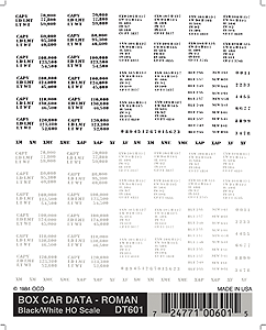 Woodland Scenics 601 HO Scale Dry Transfer Railroad Lettering Sets -- Railroad Roman Freight Car Data (white, black)