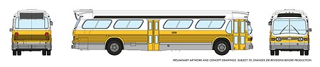 Rapido Trains 573001 N Scale 1959-1986 GM New Look-Fishbowl Bus with Working Headlights - Assembled -- Boston (yellow, white, silver)