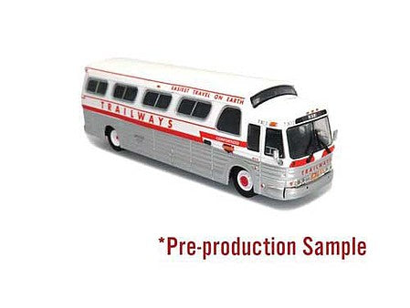 Iconic Replicas 870284 HO Scale 1966 GM 4107 Motorcoach Bus - Assembled -- Trailways (Destination Charter, white, silver, blue)