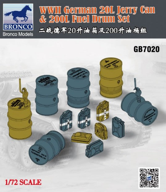 Bronco Models 7020 1/72 WWII German 20L Jerry Can & 200L Fuel Drum Set