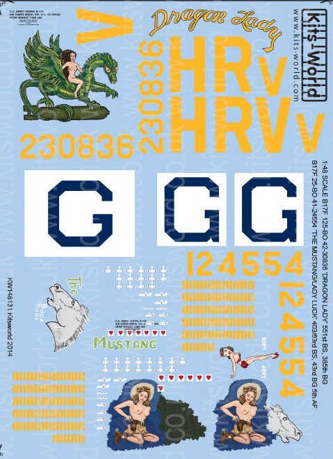 Warbird Decals Kits World 148131 1/48 B17F Dragon Lady, The Mustang, Lady Luck