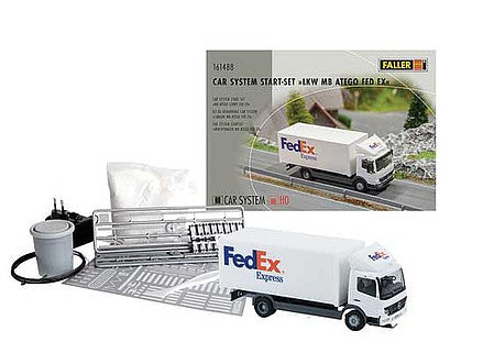 Faller 161488 HO Scale Operating Truck Starter Set - Car System -- Mercedes-Benz Atego Box Truck - FedEx, Road Building Materials, Battery Char