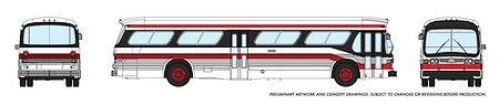 Rapido Trains 573007 N Scale 1959-1986 GM New Look-Fishbowl Bus with Working Headlights - Assembled -- Toronto (red, black, white)