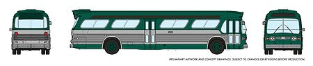 Rapido Trains 573004 N Scale 1959-1986 GM New Look-Fishbowl Bus with Working Headlights - Assembled -- New York (green, silver)