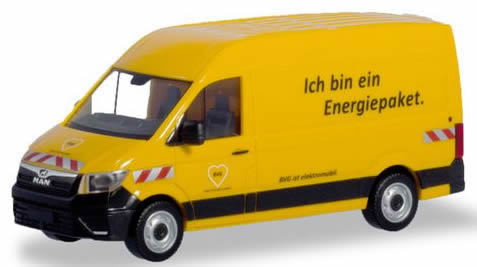 Herpa 94573 HO Scale MAN ETGE (Electric) Cargo Van - Assembled -- BVG (yellow, German Lettering)
