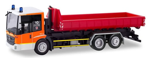 Herpa 94641 HO Scale Mercedes-Benz Econic Roll-Off Dump Truck - Assembled -- Fire Department (red, orange, white, German Lettering)