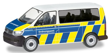 Herpa 94764 HO Scale Volkswagen T6 Passenger Van - Assembled -- Police (silver, blue, yellow, German Lettering)