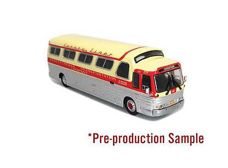 Iconic Replicas 870292 HO Scale 1966 GM 4107 Motorcoach Bus - Assembled -- Saskatchewan Transportation Co. (Destination: Saskatoon, cream, red, silver)