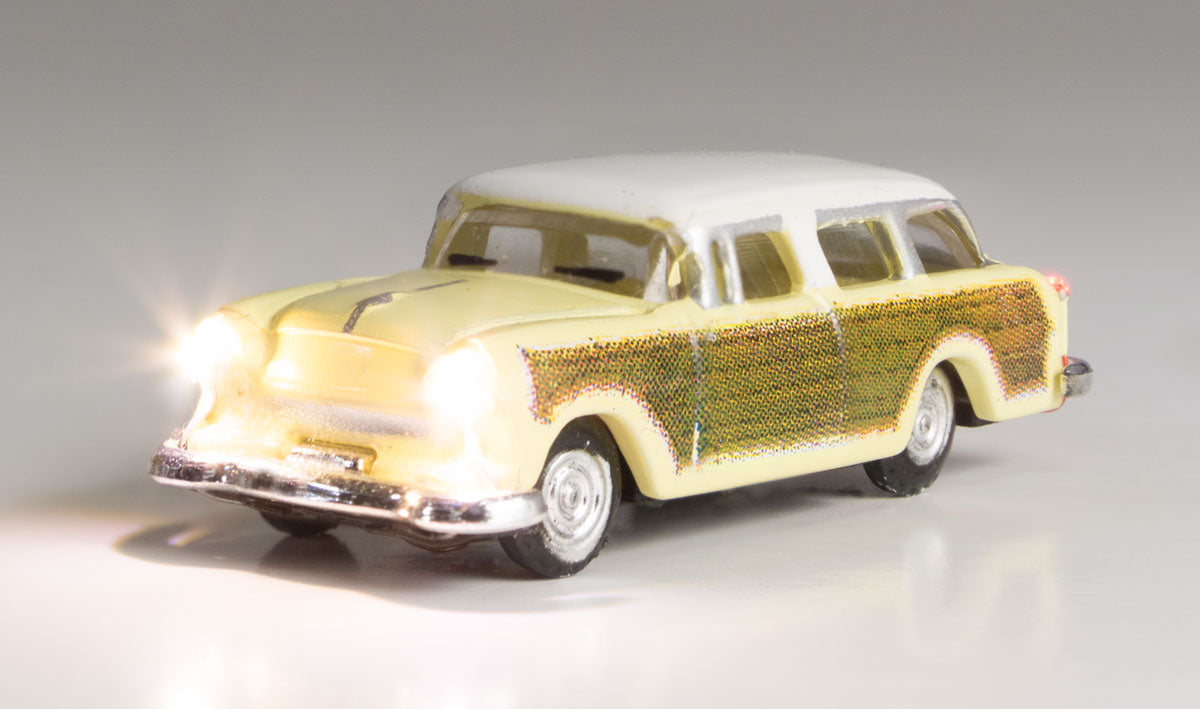 Woodland Scenics 5619 N Scale Station Wagon - Just Plug(R) Lighted Vehicle -- Yellow with Wood Sides