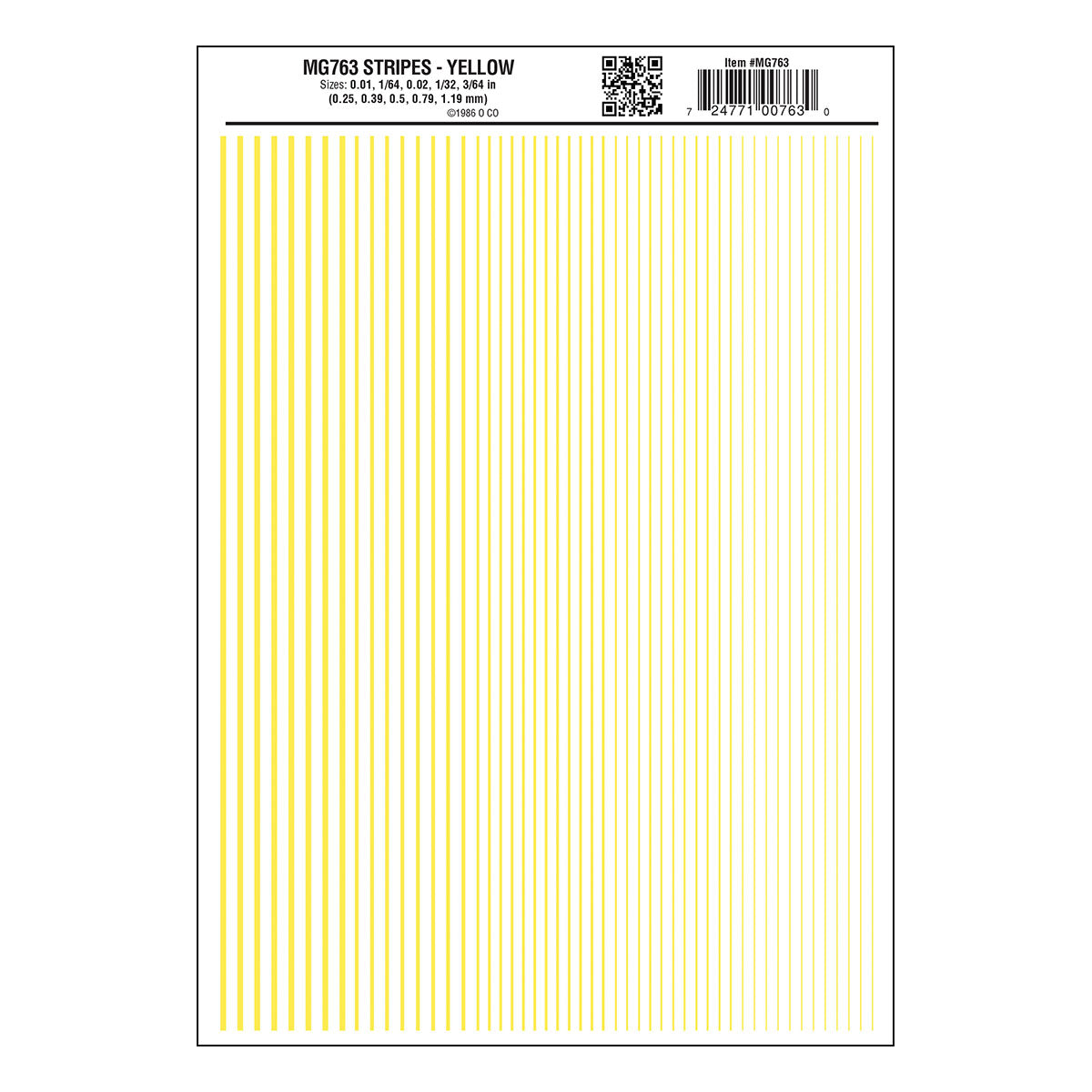 Woodland Scenics 763 All Scale Dry Transfer Stripes - .010, 1/64, .022, 1/32 & 3/64" Wide -- Yellow