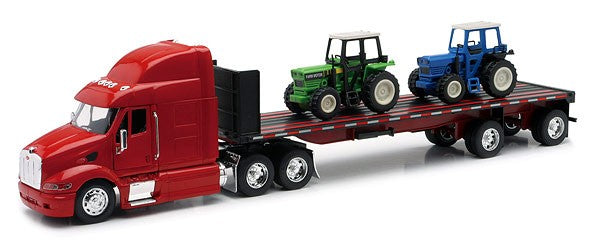 New Ray 10283 1/32 Peterbilt 387 w/Flatbed Trailer & Farm Tractors (Die Cast)