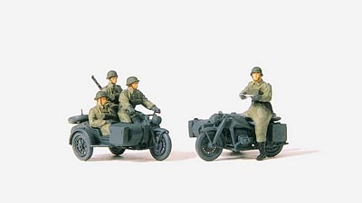 Preiser 72538 1/72 Unpainted German Reich Motorcycle Crew  (5) & Motorcycle w/Sidecar (2) 1939-45 (Kit)
