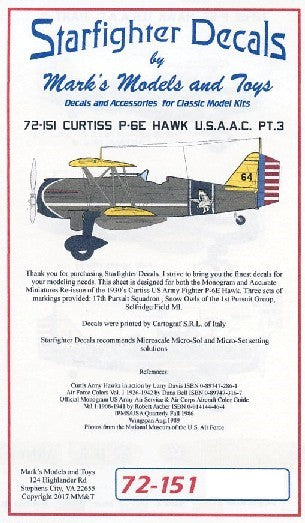 Starfighter Decals 72151 1/72 Curtiss P6E Hawk USAAC Part 3 for RMX, ATE & Olimp