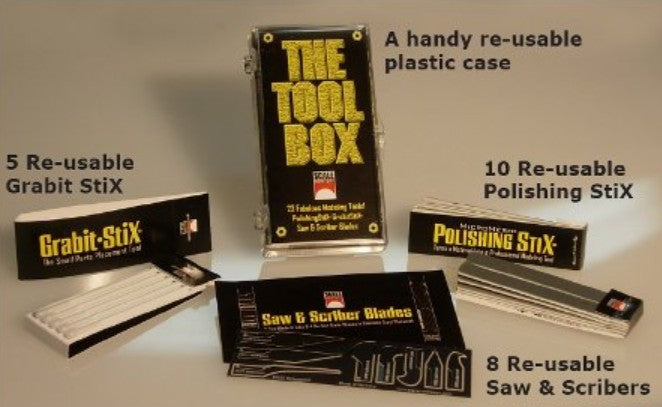 Scale Motorsport 1104 The Tool Box: 5 Grabit Stix, 10 Polishing Stix, 4 Saw Blades, 4 Scriber Blades