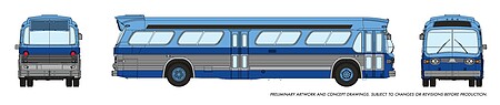Rapido Trains 573005 N Scale 1959-1986 GM New Look-Fishbowl Bus with Working Headlights - Assembled -- New York (blue, siver)