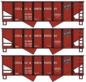 Accurail 1230 HO Scale USRA 55-Ton 2-Bay Coal Hopper 3-Pack - Kit -- Chicago & North Western #61053, 61069, 61075 (Boxcar Red, black)