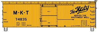 Accurail 1307 HO Scale 36' Double-Sheathed Wood Boxcar, Steel Roof, Ends, Fishbelly Underframe Kit -- Missouri-Kansas-Texas #74835 (yellow, black; "Katy Serves the Southwest")