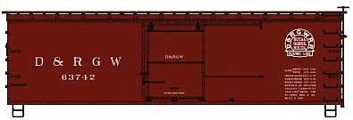 Accurail 1312 HO Scale 36' Double-Sheathed Wood Boxcar, Steel Roof, Ends, Fishbelly Underframe - Ki -- Denver & Rio Grande Western 63742 (Boxcar Red, Royal Gorge Logo)