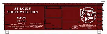 Accurail 1314 HO Scale 36' Double-Sheathed Wood Boxcar, Steel Roof, Ends, Fishbelly Underframe - Ki -- Cotton Belt SSW 24308 (Boxcar Red, white, Large Logo)