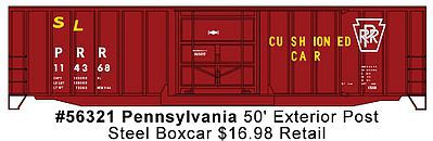 Accurail 56321 HO Scale 50' Exterior-Post Plug-Door Boxcar - Kit -- Pennsylvania Railroad #114368 (Tuscan; Plain Keystone, Cushioned Car Marking)
