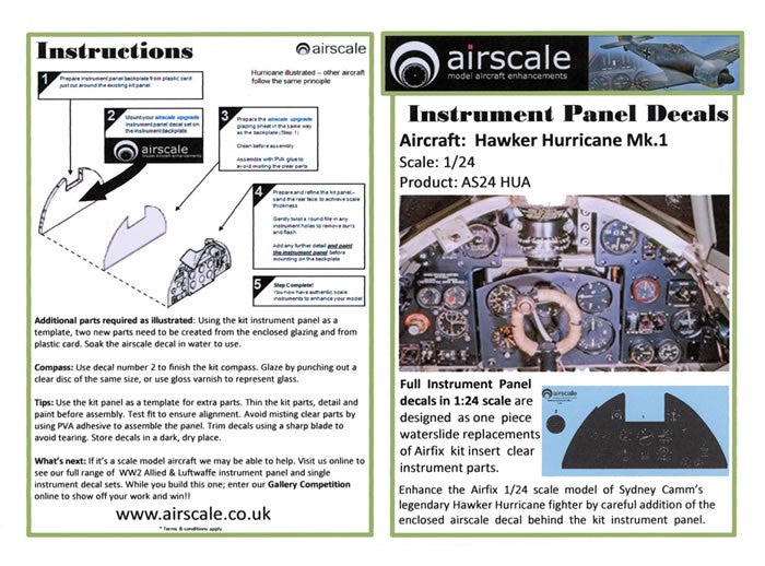 Airscale 2410 1/24 Hawker Hurricane Mk I Instrument Panel (Decal) (D)