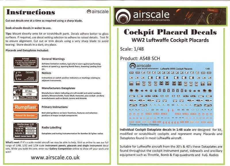 Airscale 4805 1/48 WWII Luftwaffe Cockpit Placards & Dataplates (Decal)