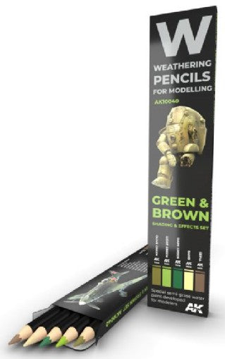 AK Interactive 10040 Weathering Pencils: Green & Brown Shading & Effects Set (5 Colors)