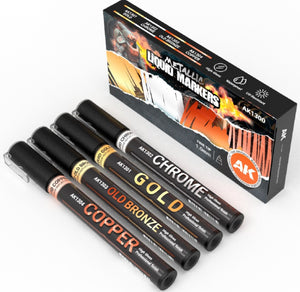 AK Interactive 1300 Metallic Liquid Marker Set 1mm: Gold, Chrome, Bronze, Copper