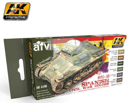 AK Interactive 4190 AFV Series: Spanish Civil War Colors 1936-1939 Acrylic Paint Set (6 Colors) 17ml Bottles (D)