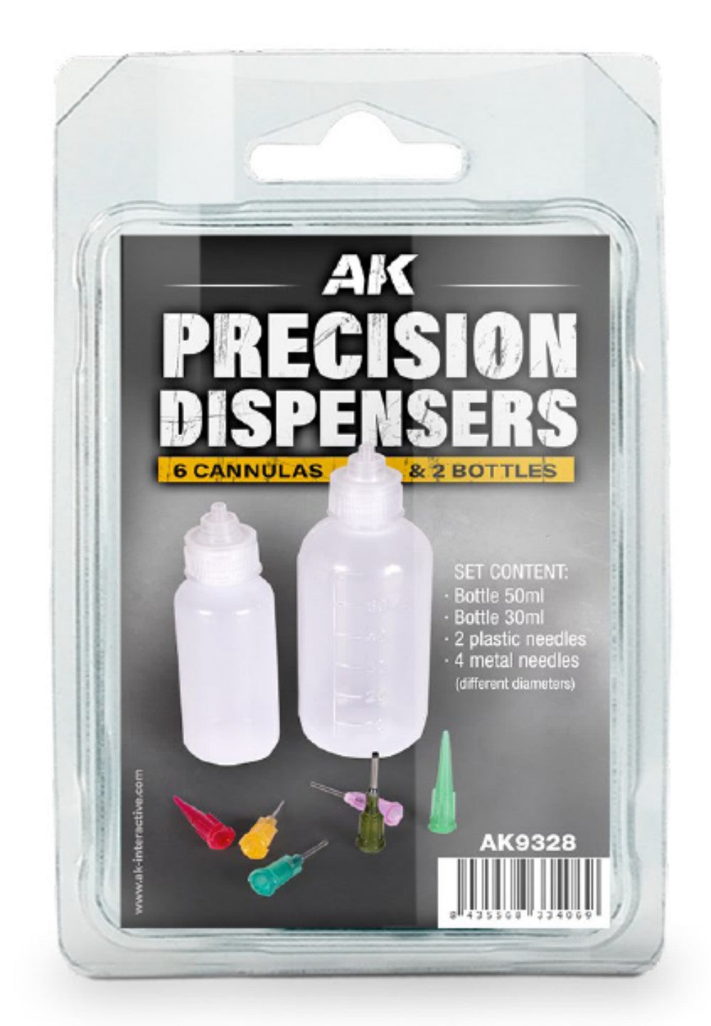 AK Interactive 9328 Precision Dispensers: 50ml & 30ml Empty Bottles, 2 Plastic & 4 Metal Needles