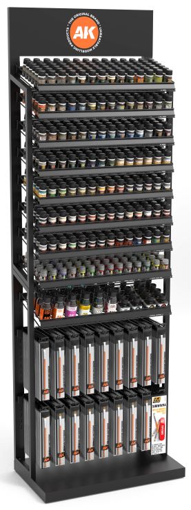 AK Interactive EXP0011 Weathering Effects Paint Deal w/FREE Rack (6 each 98 products, 14 liquid pigments, 17 brushes; 5 each 4 Panel Liners, 4 each 6 auxiliaries & brush set)