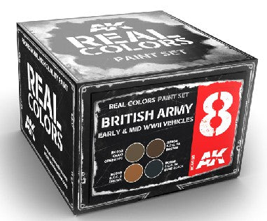 AK Interactive RCS8 Real Colors: British Army Early 6 & Mid WWII Vehicles Acrylic Lacquer Paint Set (4) 10ml Bottles (D)