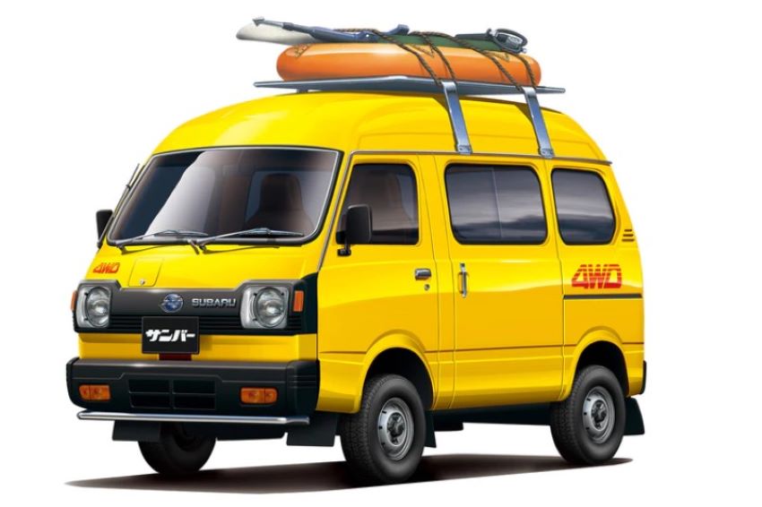 Aoshima 63897 1/24 1980 Subaru Sambar High-Roof 4WD Van w/Roof Rack, Raft, Surfboard & Scuba Gear