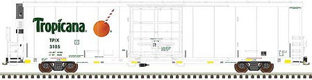 Atlas Model Railroad 20005318 HO Scale TrinityRail(R) 64' Modern Reefer - Ready to Run - Master(R) -- Tropicana 3105 (white, orange, black, yellow conspicuity stripes)