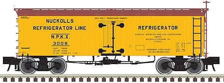 Atlas Model Railroad 20005807 HO Scale 36' Wood Reefer - Ready to Run - Master(R) -- Nuckoll's Refrigerator Line #3006 (yellow, Boxcar Red)