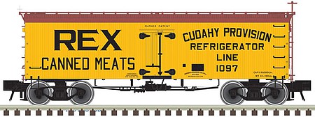Atlas Model Railroad 20005813 HO Scale 36' Wood Reefer - Ready to Run - Master(R) -- Cudahy Provision Refrigerator Line #1097 (Rex Canned Meats; yellow, Boxcar Red