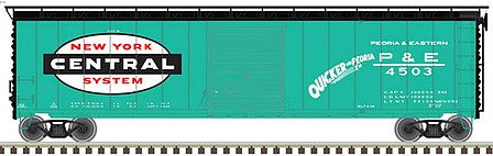 Atlas Model Railroad 20005861 HO Scale Postwar 50' Single-Door Boxcar - Ready to Run - Master(R) -- New York Central P&E 4516 (Jade Green, black, white, Quicker via Peoria)