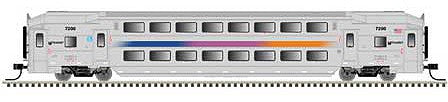 Atlas Model Railroad 20006107 HO Scale Multi-Level Commuter Coach Trailer with Toilet - Ready to Run - Master(R) -- New Jersey Transit 7205 (silver, magenta, orange, blue)