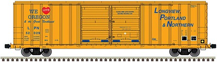 Atlas Model Railroad 20006311 HO Scale FMC 5503 52' Double-Door Boxcar - Ready to Run - Master(R) -- Longview, Portland & Northern 52086 (orange, blue)