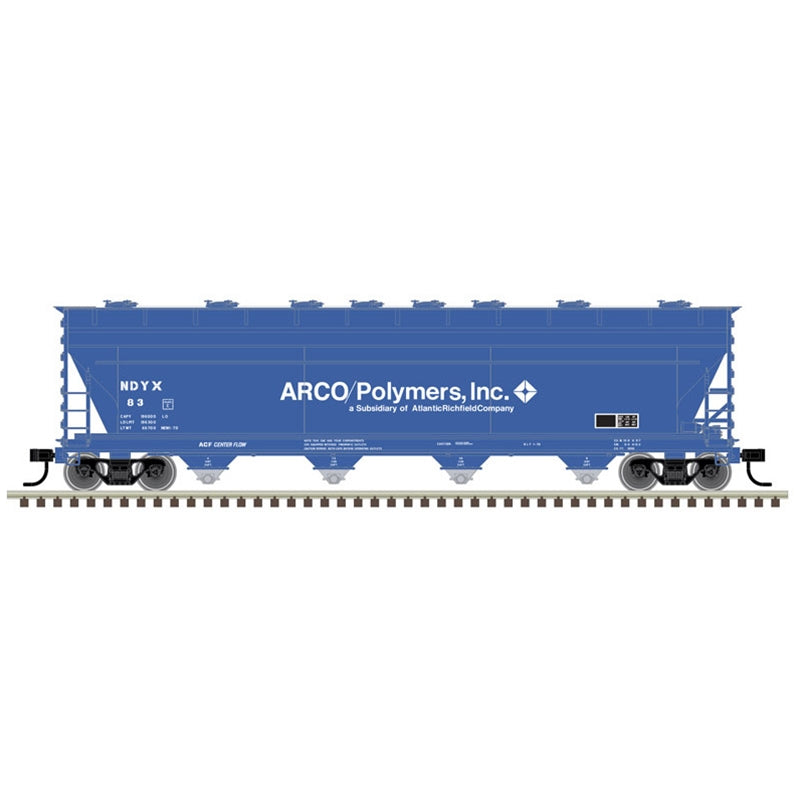Atlas Model Railroad 20006379 HO Scale ACF 5250 Covered Hopper - Ready to Run - Master(R) Plus -- 20006379 Arco Polymers NDYX 83 (blue, white)