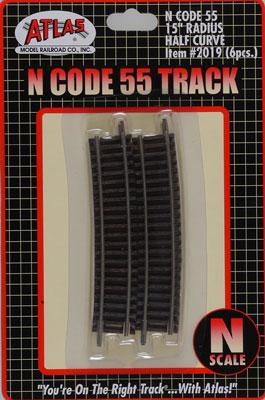 Atlas Model Railroad 2019 N Scale Code 55 Track w/Nickel-Silver Rail & Brown Ties -- 15" Radius Half Curve pkg(6)