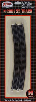 Atlas Model Railroad 2022 N Scale Code 55 Track w/Nickel-Silver Rail & Brown Ties -- 17-1/2" Radius Full Curve pkg(6)