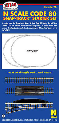 Atlas Model Railroad 2788 N Scale Code 80 Snap Track(R) Starter Set -- 36 x 24" 91.4 x 61cm Oval w/Siding & Terminal Joiners