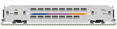 Atlas Model Railroad 40004051 N Scale Multi-Level Commuter Coach Trailer with Toilet - Ready to Run -- New Jersey Transit 7266 (silver, magenta, orange, blue)