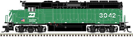 Atlas Model Railroad 40004718 N Scale EMD GP40-2 with Dynamic Brakes - Standard DC - Master Silver(R) -- Burlington Northern 3055 (Cascade Green, white, US Flag)