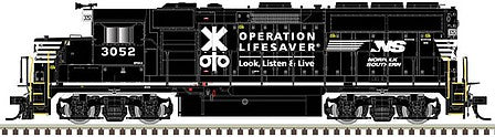 Atlas Model Railroad 40004725 N Scale EMD GP40-2 with Dynamic Brakes - Standard DC - Master Silver(R) -- Norfolk Southern 3052 (black, white, Operation Lifesaver)