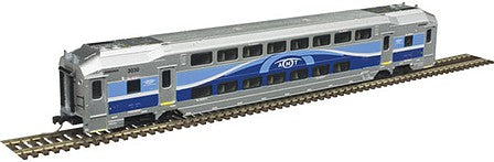 Atlas Model Railroad 50004391 N Scale Multi-Level Commuter Coach Trailer - Ready to Run -- Montreal Metropolitan Transportation Network AMT 3058 (blue, silver, white)